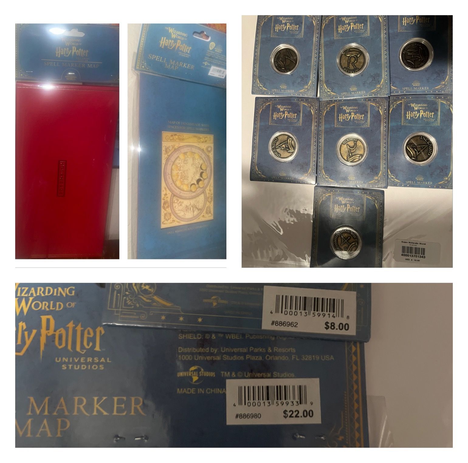 Universal Studios HARRY POTTER Hogsmeade Spell Marker Map + 7 Coins (NEW IN PLASTIC)