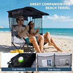 Foldable Camping Chair Double Seat for Picnic/Beach w/ Canopy Oversized Loveseat