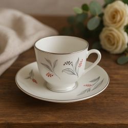 Japanese Vintage 1950s Gray Red Berry Floral Cup Saucer Set