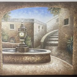 Beautiful Large Impressionist vintage Mediterranean courtyard fountain  Oil Painting 48”x36” W. Adam Signed 