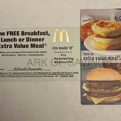 McDonald's Free Combo Meal Coupon Cards Pack of 10