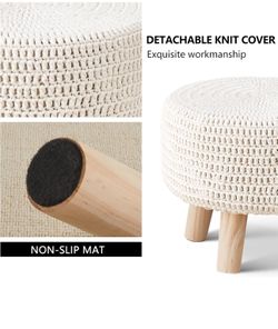Cotton Knit Footstool Ottoman Non Slip Wood Legs Size 11" Tall, 13" Diameter New condition assembled 