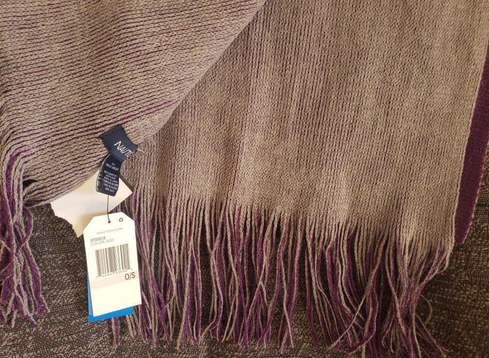 Nautica Reversible Purple and Gray Fringed 💜 Scarf 100% Acrylic Brand New 