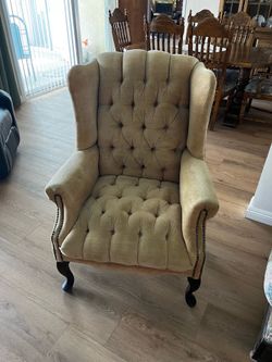 Vintage Tufted Velvet Wingback Armchair - Beige / Tan