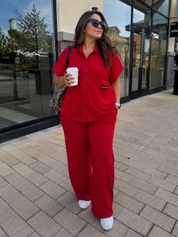 Women’s Red 2-Piece Set XL | Oversized Button Shirt & Wide Leg Pants