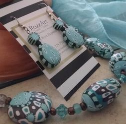 Hand Crafted, Turquoise And Copper Polymer clay Necklace And Earrings Set  By RozzArtDesigns.  