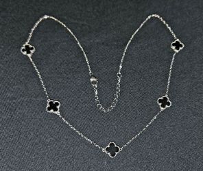 Silver & Black Onyx Clover Necklace Adjustable