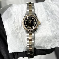 Authentic Womens 26mm Rolex Datejust Two Tone Black Diamond Dial