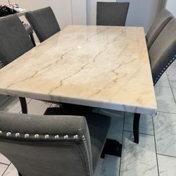 White Marble Dinning Set 6 Chairs- Mirror Entertainment Center 
