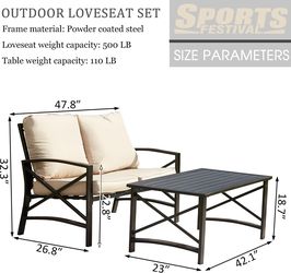 2 Pcs Patio Loveseat w/ Coffee Table Outdoor Bench Cushions Metal Frame Conversation Set for Balcony Lawn Khaki