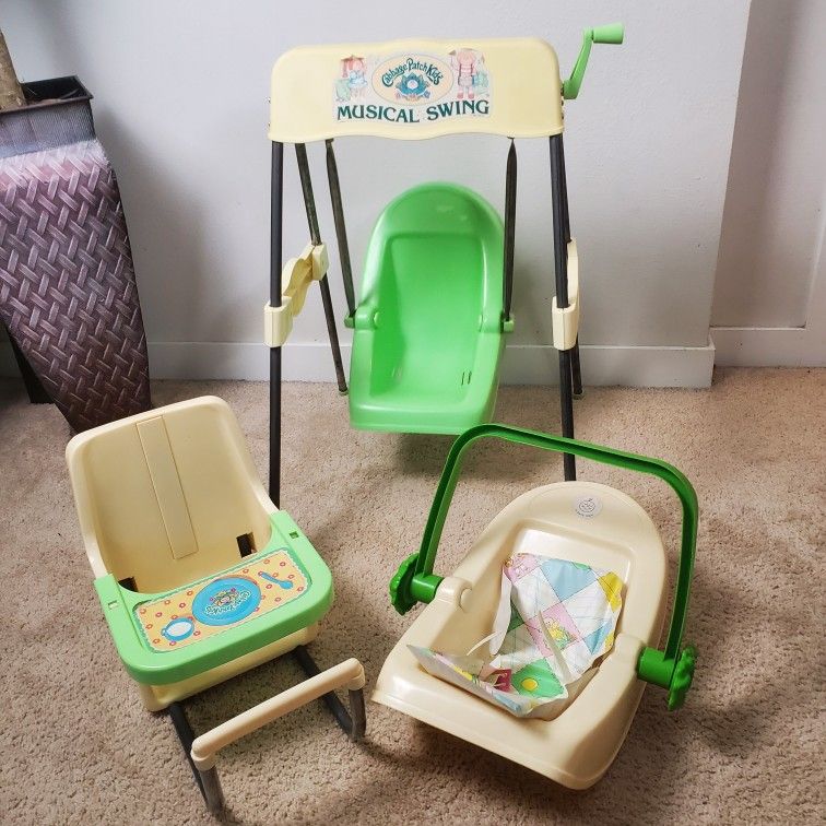 RARE CPK Vintage 1983 Coleco Cabbage Patch Doll SWING Collectible Set Car Seat, High Chair, And Swing. 