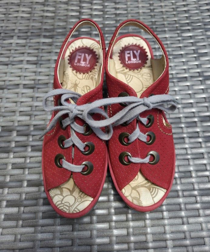 FLY London Yiva Red Suede Leather Wedge Sandals Size 36 Laser Dots