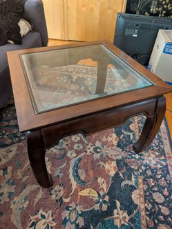 Dark Wood Glass Top Coffee Table and End Table