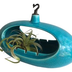 Mid-Century RARE Atomic Era Hanging Turquoise Ceramic Ashtray | Googie Space Age Crackle Glaze Space Planter | Pottery Art Bird Feeder