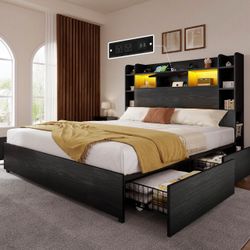 New queen Black Platform Bed Frame with Storage Headboard