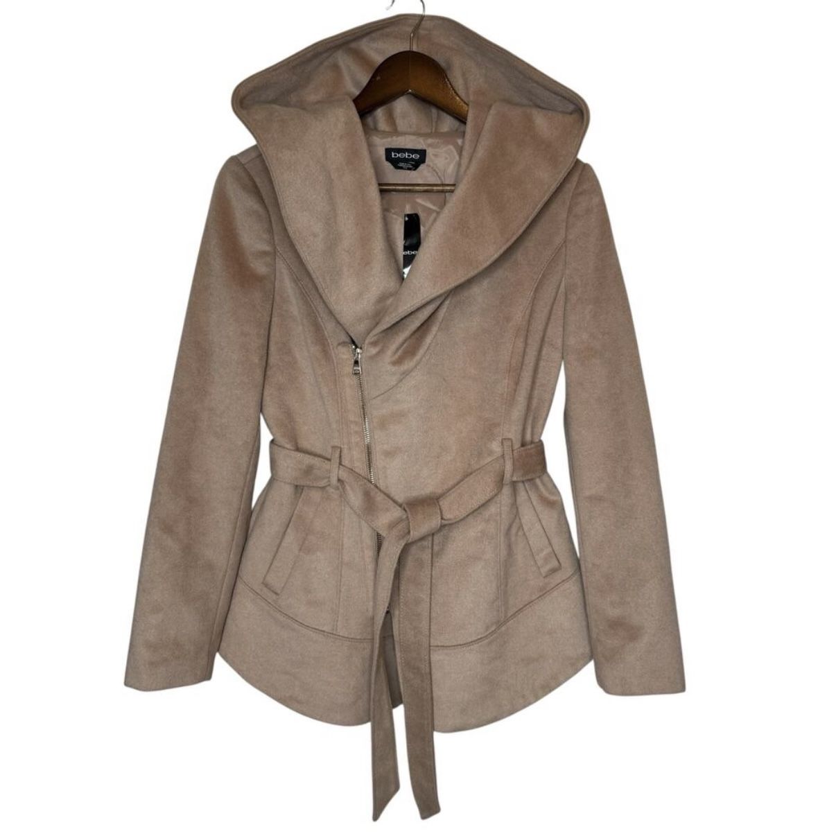 Bebe Women’s MEW Wool Blend Beige Hooded Coat Jacket Medium