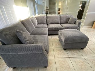 New! Plush Dark Grey Sectional Sofa And Ottoman, Sectionals, Sofa, Couch, Grey Couch, Grey Sofa, L-Shaped Sofa, Plush Sectional Couch,Living Room Sofa