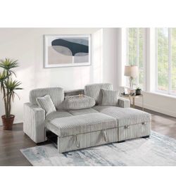 Light grey adjustable sofa with cup holders and storage brand new firm price $550