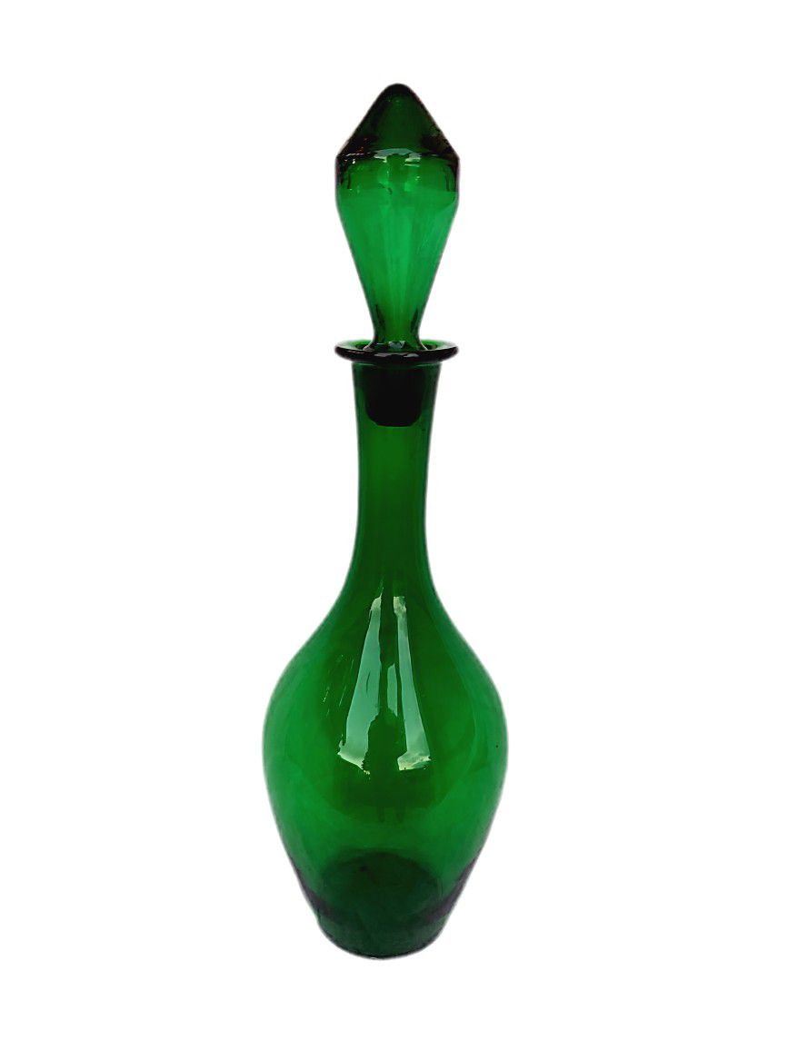 Antique Glass Empoli Italian Emerald Green Decanter Genie Bottle With Stopper