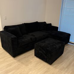 Brand New Black Corduroy Sectionals With Free Ottoman 