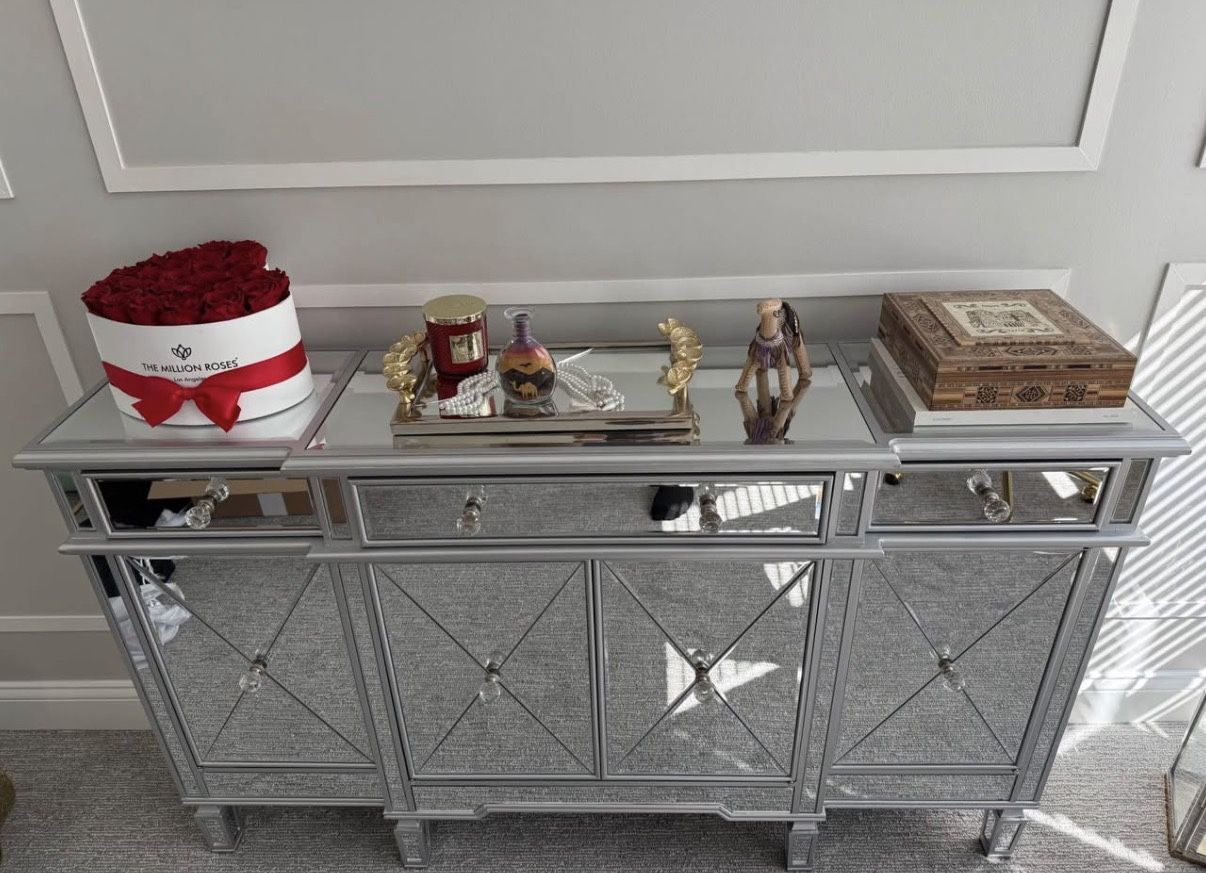 Mirrored Credenza + Large Mosaic Wall Art Set