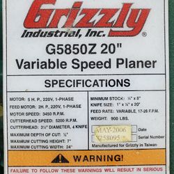Grizzly Planer - Price Negotiable 