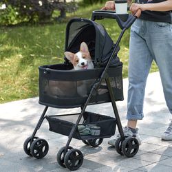 Zoosky 3 In 1 Folding Dog Stroller, Pet Folding Stroller, 4 Wheels Dog/Cat Puppy Stroller W/Removable Travel Carrier For Small/Medium Pet, Waterproof 