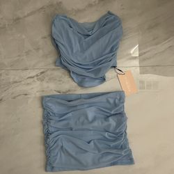 Shein baby Blue ruched crop top and skirt set