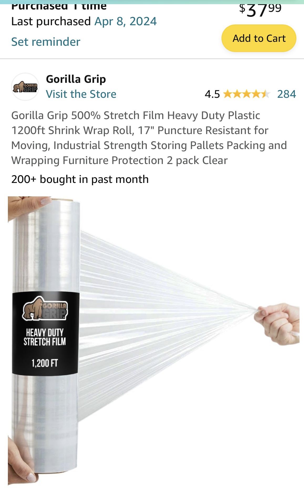 1200 ft Gorilla Grip stretch film heavy duty shrink wrap