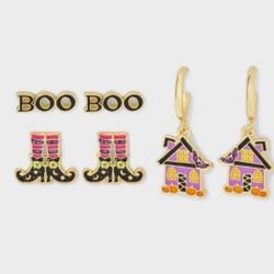 Baublebar Sugarfix Halloween Witch Boots Boo Sign Haunted House Earrings Set