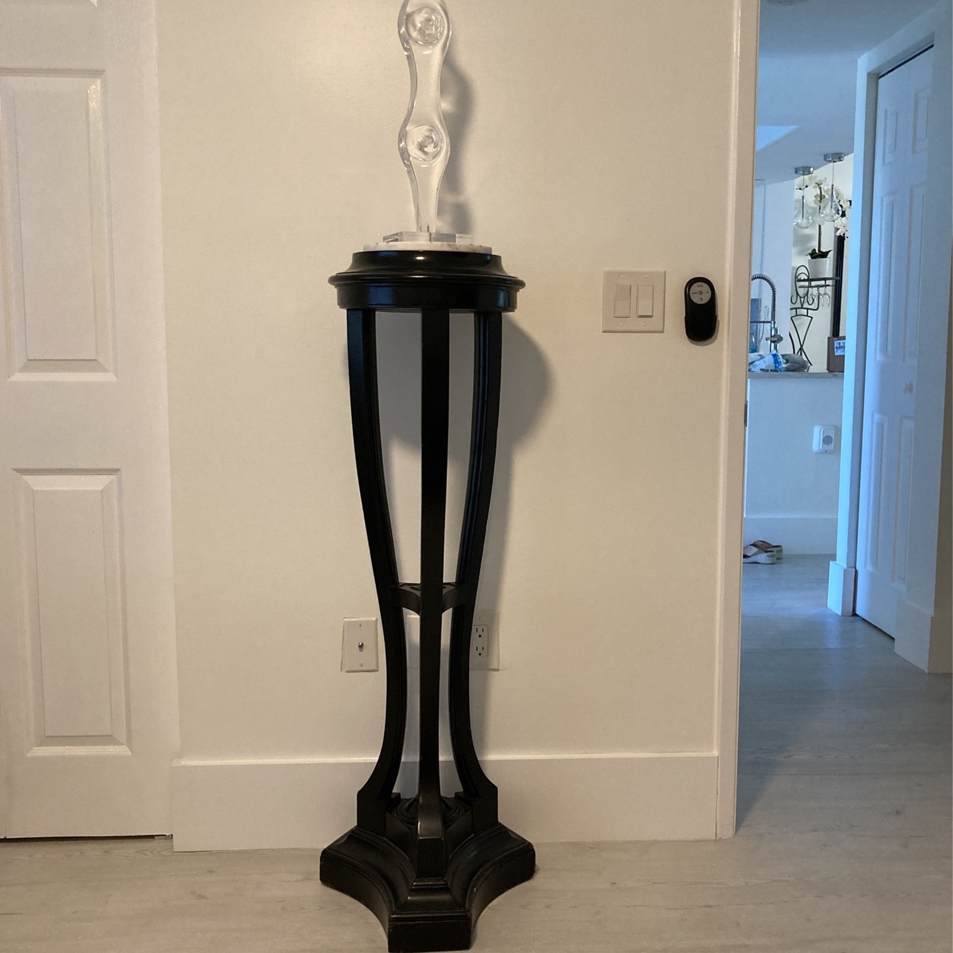 48” HEAVY, Solid Wood Black Antique Pedestal Table. 4 Feet Tall. Vintage Used Condition. Paint Or Leave As Is.