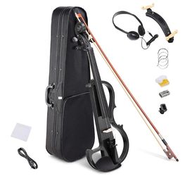 Electric Violin 4/4 Full Size Right Handed Basswood Fiddle Headphone Set (Color: Black) - Music Instrument - Thanksgiving Sale