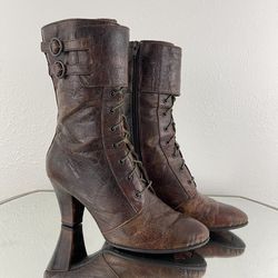BORN Brown Leather Gothic Victorian Lace Up Dual Buckle Mid Calf Heeled Boots