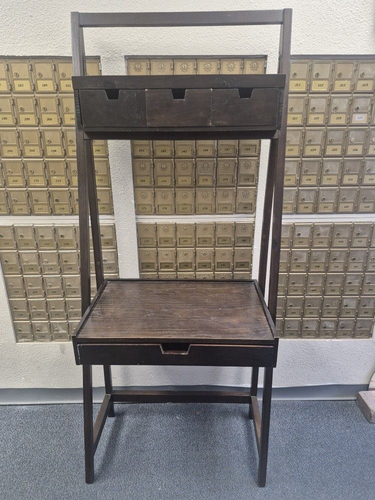 dark wood Ross ladder desk with four upper drawers and one lower drawer.