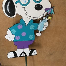 Peanuts summer Snoopy 40” quality made wooden garden stake lawn decoration - treated For outdoor use 