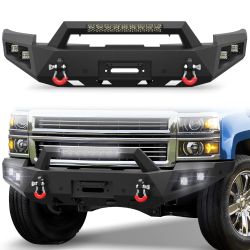 Pofenze Silverado 1500 Front Bumper For 2014 2015 Chevy Silverado 1500 Pickup, Include Winch Plate, LED Lights And D-Rings