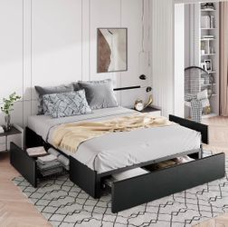 Queen-Size Metal Bed Frame with 3 Storage Drawers