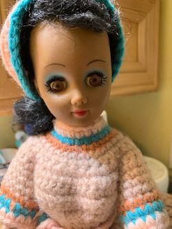 Vintage doll w/crochet dress, approx 15” Tall