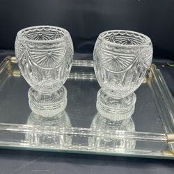 Set of 2 Fostoria Glass Reversible Diamond & Fan Pattern 4 Inch Tall Candle Holders  Set of 2 beautiful Fostoria Clear Glass Reversible Candle Holders