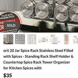 orii 20 Jar Spice Rack Stainless Steel Filled with Spices - Standing Rack Shelf Holder & Countertop Spice Rack Tower Organizer for Kitchen Spices with