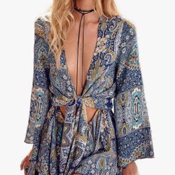 AELSON Romper Size M Boho Flare Sleeve Cut Out Festival Hippy Paisley Blue Beach