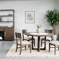 ROUND DINNING  TABLE4CH W QUARTZ STONE CENTER TOP DARK WALTUT 54”Wx54”DX20”H (ALL COLLECTION AVAILABLE)