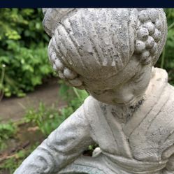 Sturdy vintage cement fountain with a beautiful graceful female Asian figurine   