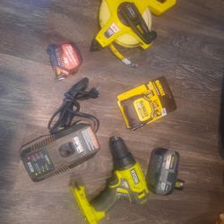 New Ryobi Drill With 18V Extended Battery And Charger, 2 25ft Tape Measures And 100ft Roll Tape
