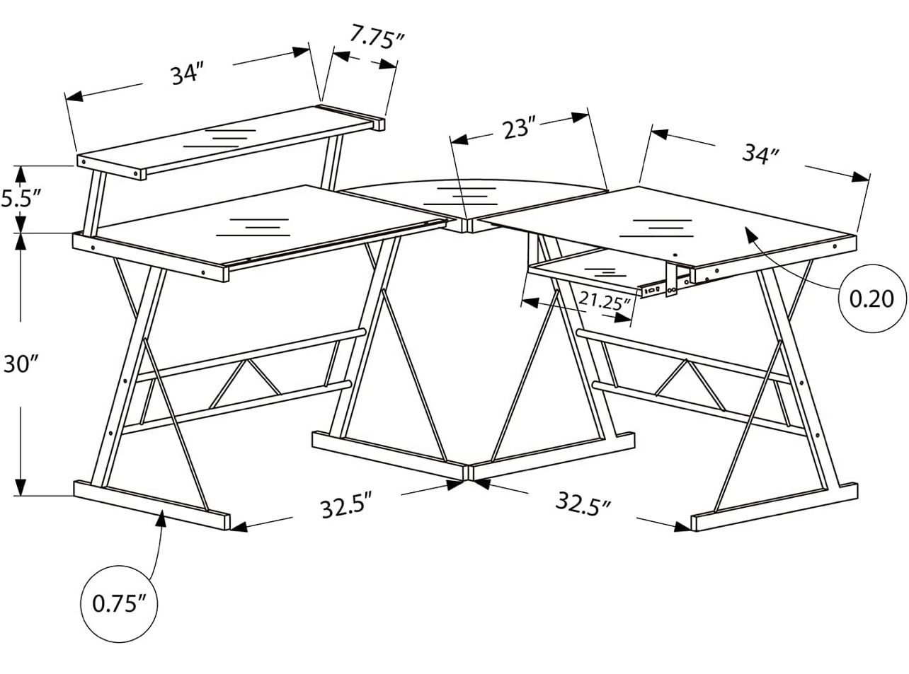L-Shaped Glass Top Metal Base Computer Desk