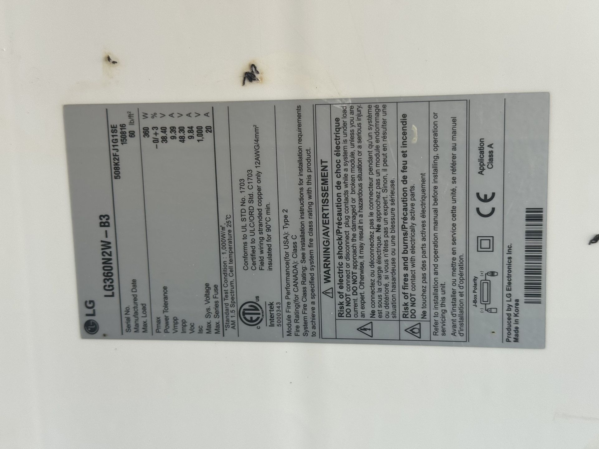 LG SOLAR PANEL 360W USED IN GOOD CONDITION