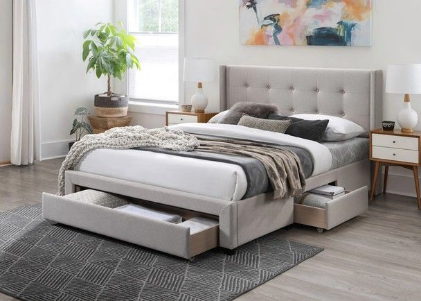 Queen Size Light Brown Linen Bed Frame With 3 Drawers