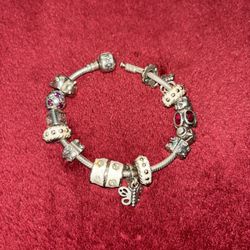 Pandora 925 Snake Chain Barrel Clasp Bracelet (7”) 11 Charms +  2 Spacers