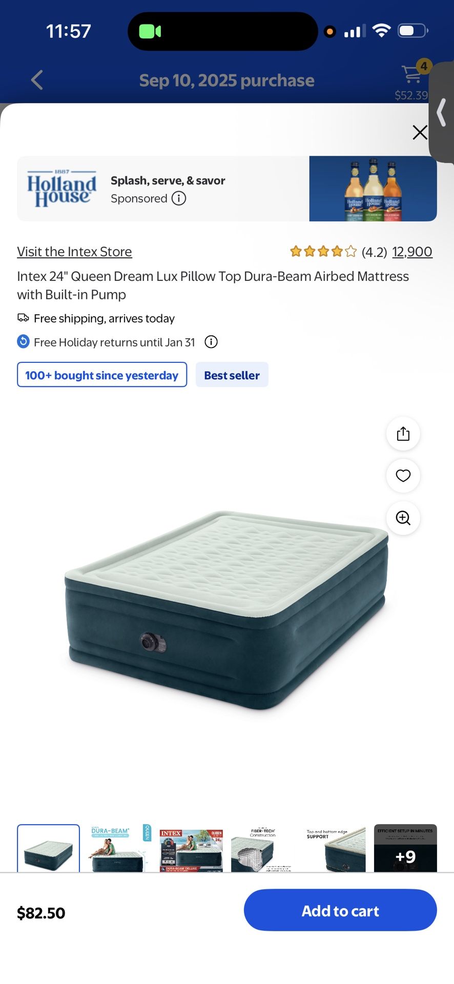 Intex 24" Queen Dream Lux Pillow Top Dura-Beam Airbed Mattress with Built-in Pump