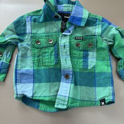 Hurley Baby Boy Long Sleeve Green Plaid Shirt- 6 Months- Good Condition 